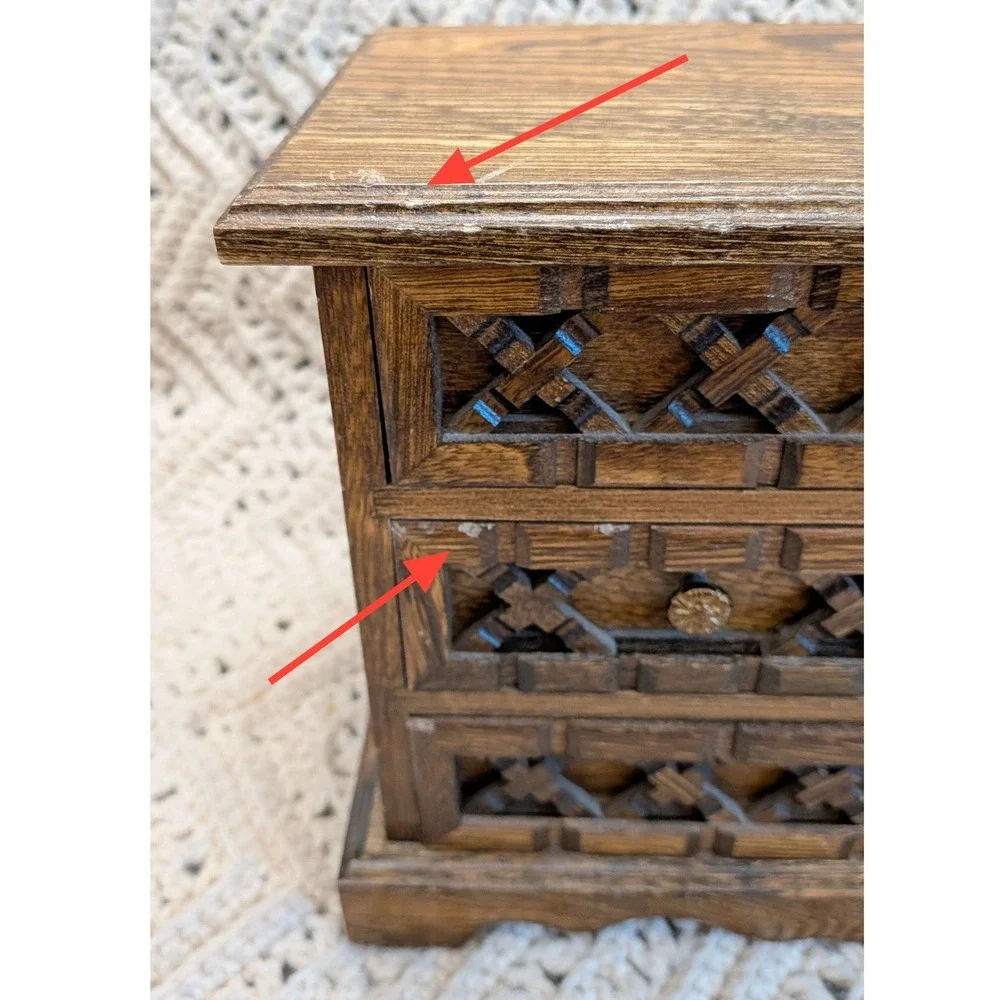 Vintage Wooden Musical Jewelry Box 4 Drawer Dresser Chest Lattice Wood Mustard